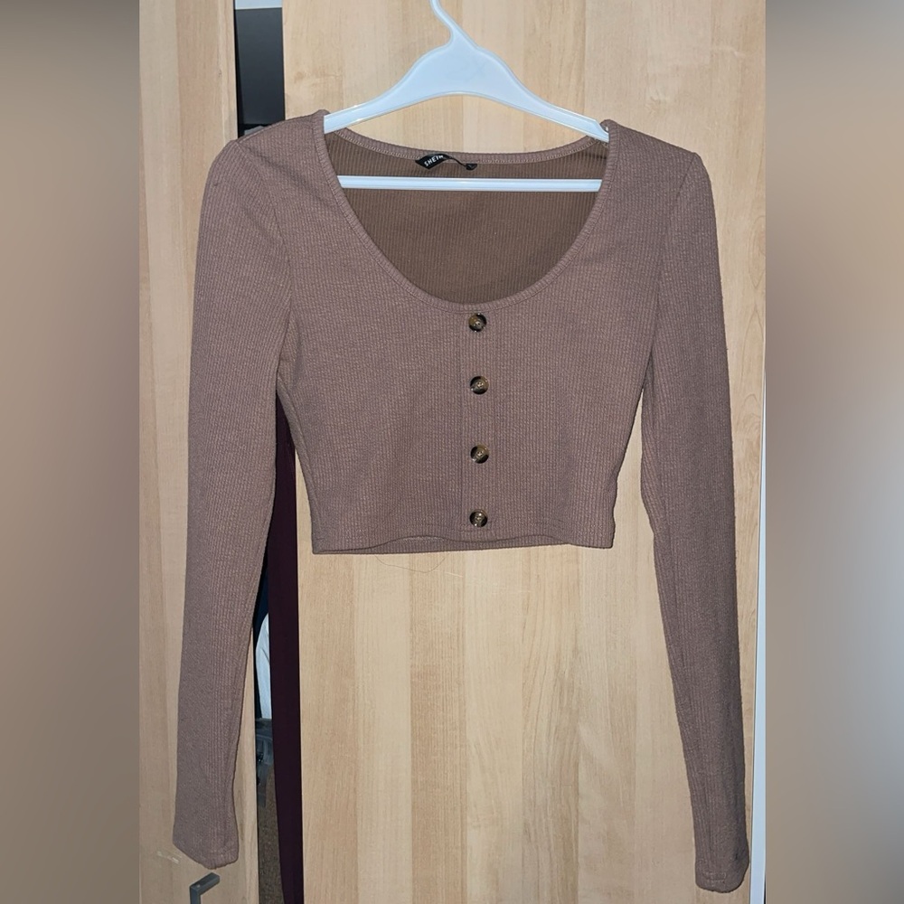 Taupe Button-Up Ribbed Crop Top